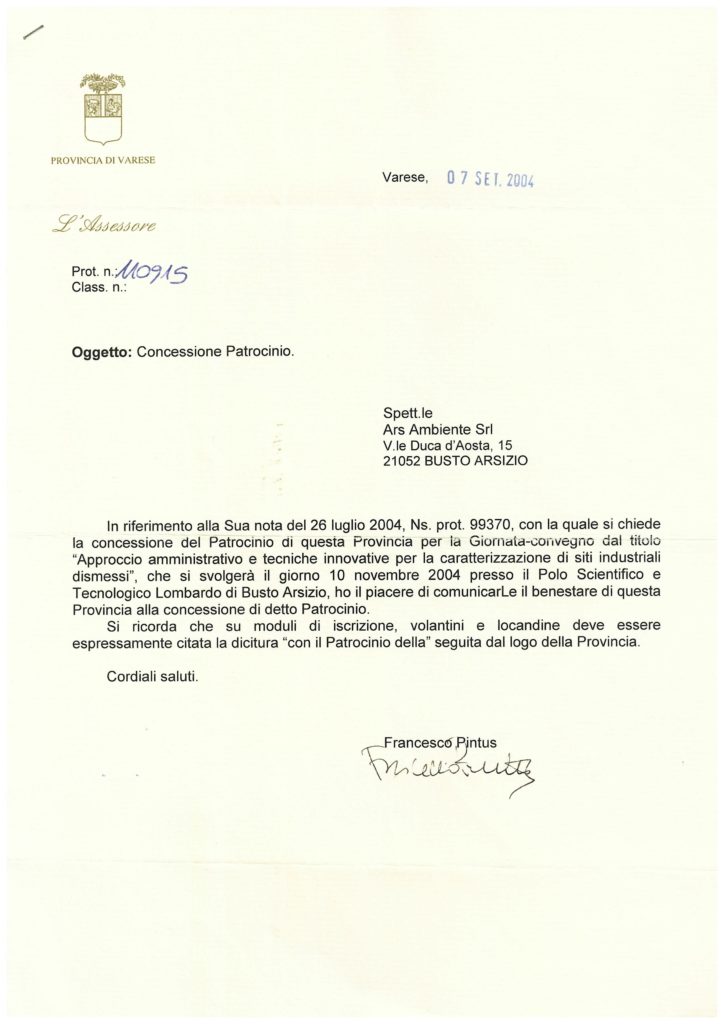 Patrocinio Provincia di Varese convegno bonifiche 2004