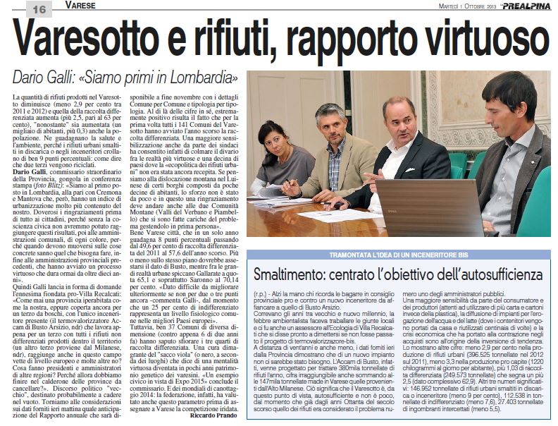 Prealpina 01.10.2013 Rifiuti Provincia Varese