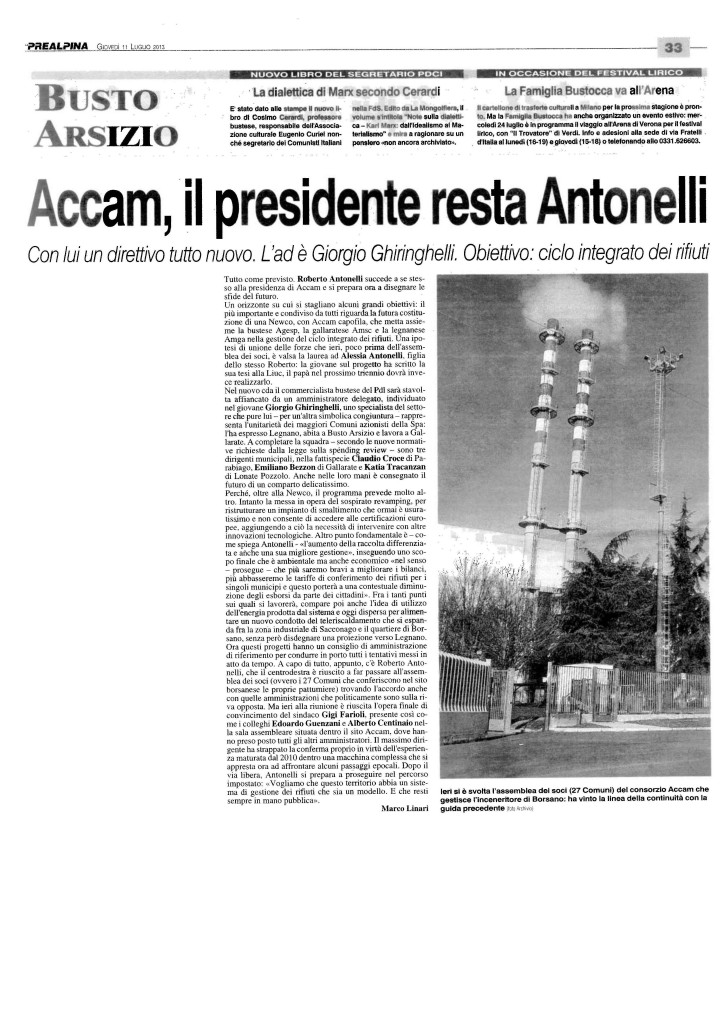 Articolo Prealpina 18.07.2013 - Nomina Ghiringhelli AD Accam Spa d