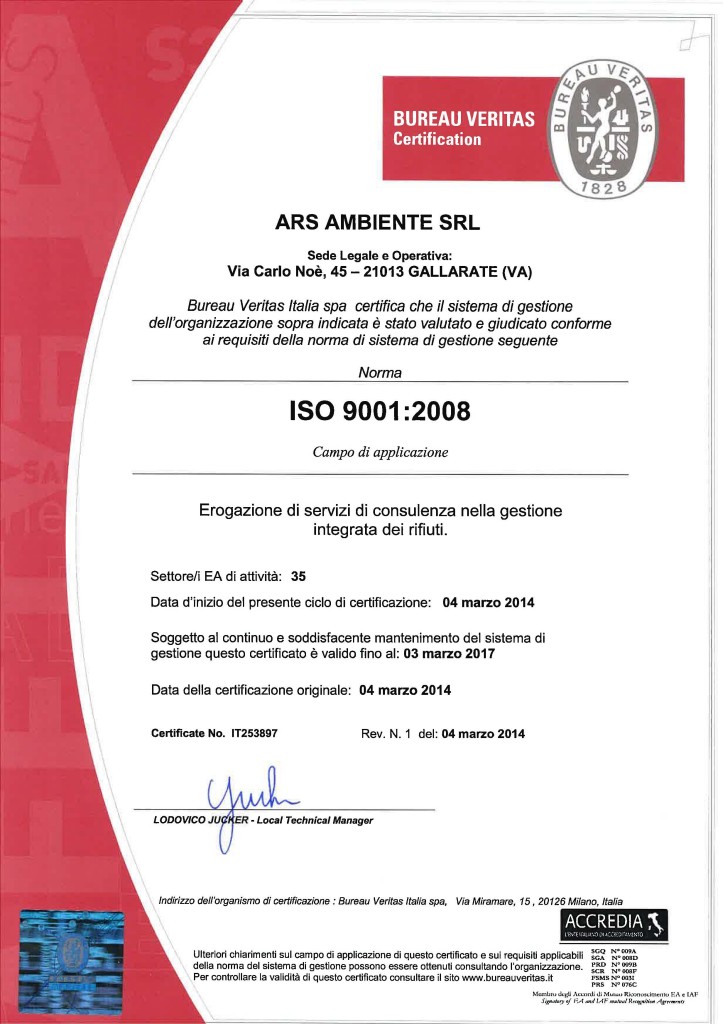 ARS AMBIENTE SRL - certificato ISO 9001