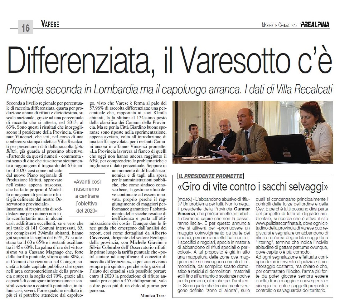 Presentazione Rapporto Rifiuti Varese - Prealpina 13.01.2015 ok