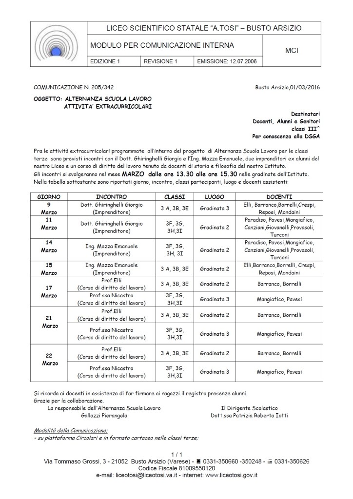 Programma alternanzia scuola lavoro Liceo tosi 2016