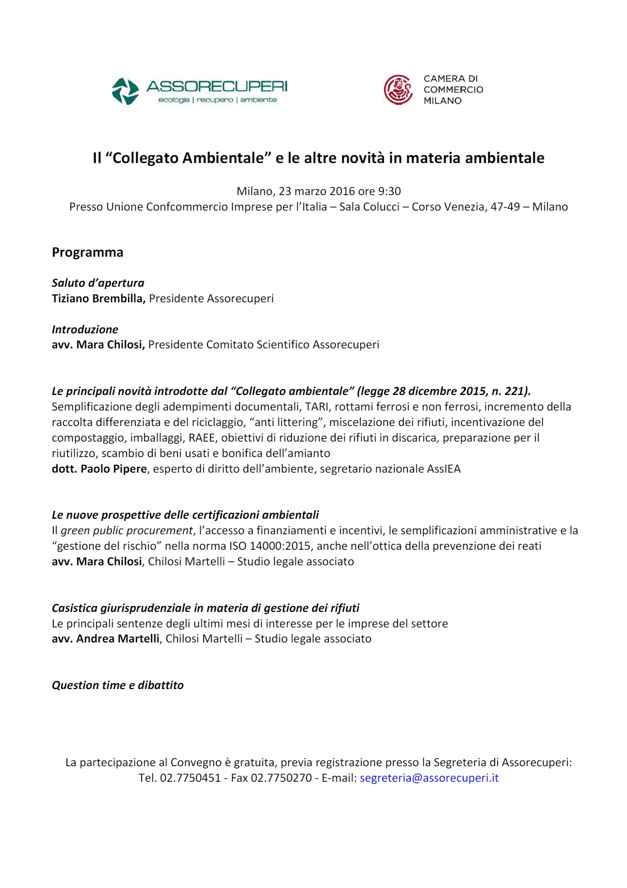 Convegno Collegato Ambientale ASSORECUPERI-CCIAA Milano 23.03.2016